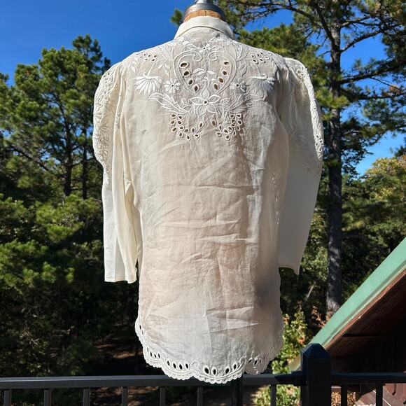 Vintage 70s Sheer Puff Sleeve Scalloped Eyelet Organza Blouse Edwardian Coquette - Picture 7 of 8